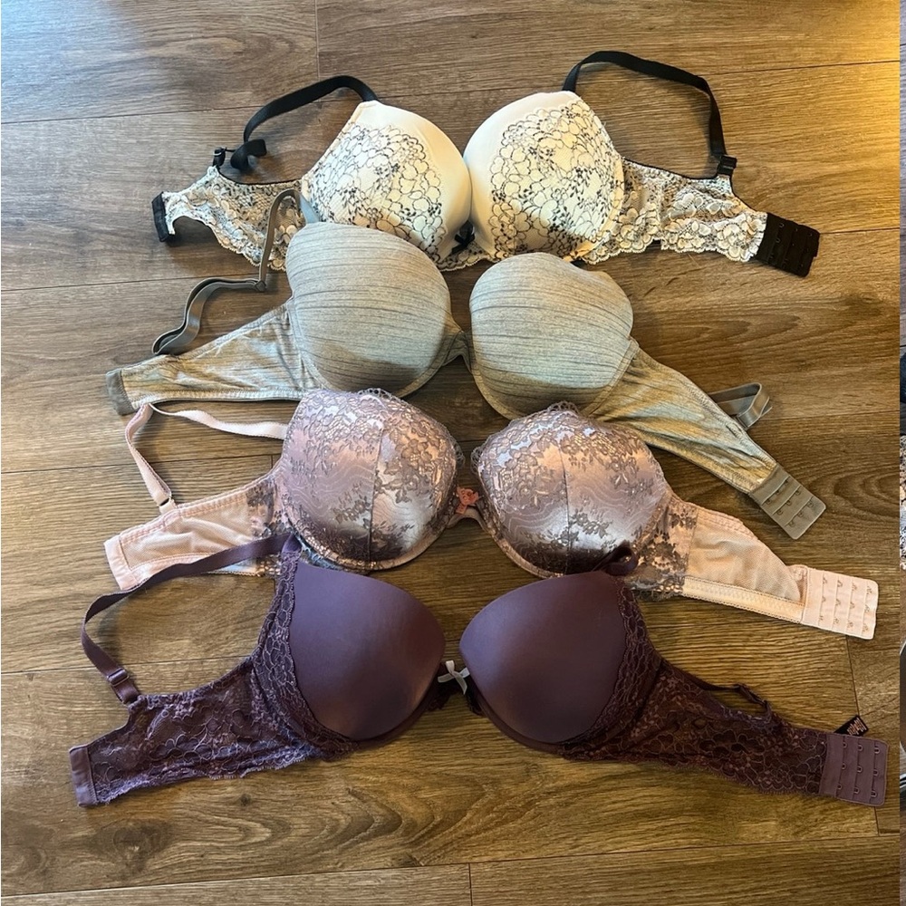 Victoria's Secret Lace Bra Set - Cream, Gray, Purple. All padded.